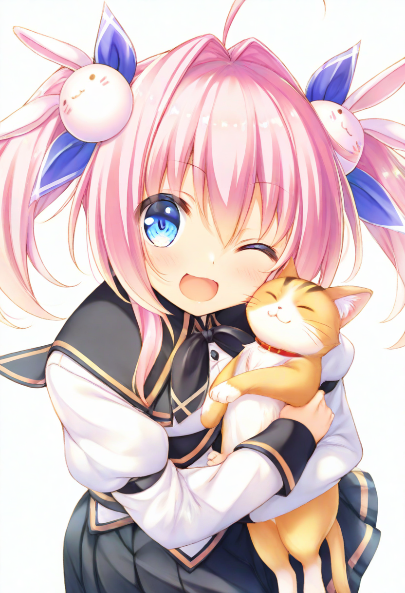 masterpiece,best quality,amazing quality,very aesthetic,absurdres,newest,scenery,<lora:Toyama Haneru_ilxl_v1-000010:1>,1girl,(white background:1.5),solo,pink hair,blue eyes,twintails,hair ornament,looking at viewer,rabbit hair ornament,ahoge,hair intakes,toyama haneru,one eye closed,smile,open mouth,holding cat,hugging object,school uniform,skirt,
