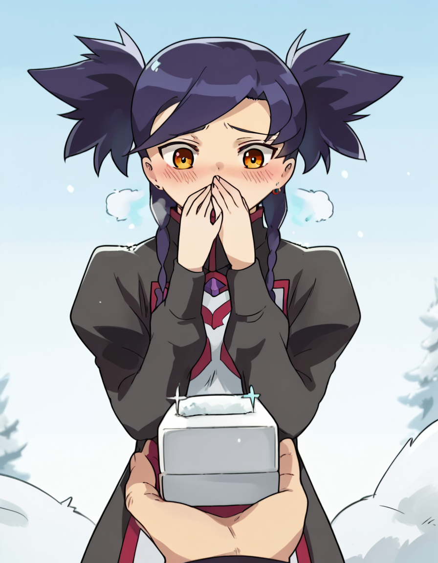 score_9, score_8_up, score_7_up, source_anime, <lora:nina-wang-s1-ponyxl-lora-nochekaiser:1>, nina wang, bangs, twintails, purple hair, braid, twin braids, orange eyes, anime screencap,, long sleeves, dress, jewelry, earrings, puffy sleeves, black dress, juliet sleeves,, snow day, winter clothes, snowball fight, laughter, cold breath, white landscape, , <lora:ring-box-ponyxl-lora-nochekaiser:1>, ring box, holding box, pov, pov hands,, blush, covering mouth, embarrassed, blush, bed room,, looking down, cowboy shot,, looking at viewer, solo,, dutch angle, cowboy shot