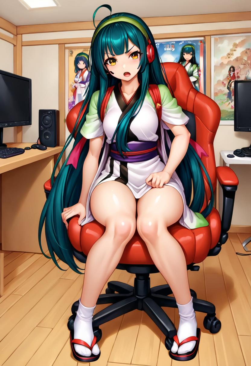 score_9, score_8_up, score_7_up, source_anime, BREAK
1girl,  solo,
 <lora:TohokuZunko_MMD_V1:0.85>Tohoku_Zunko, yellow eyes, brown eyes, large brests, Thick thighs,
blunt bangs,  green hair, very long ahoge ,  very long hair,   low-tied long hair, green hairband, 
white kimono, short kimono, short sleeves, bow, red tasuki,  red ribbon, purple obi, 
sandals,  geta,zouri, tabi, socks,white socks,
(cowboy shot:1.3),(sitting on a chair), 
from front, looking down,, cowboy shot,,
looking at viewer,  furious,, open mouth,
Streamer room, gaming chair, gaming PC, game equipment, controller, TV monitor, PC monitor, headphones, headset, anime poster, game poster,
