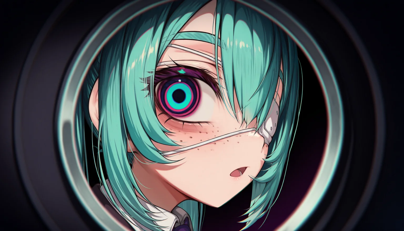 1girl, hatsune miku, hmmonitoring, peephole pose, peephole, solo, (freckles:1.05), looking at viewer, open mouth, bangs, shirt, hair between eyes, white shirt, necktie, collared shirt, formal, close-up, chromatic aberration, dark, dark background, (medical eyepatch:0.9), glitch,
(eye focus, from side, looking at viewer, looking to the side:1.2),
rating safe, torriet,
masterpiece, best quality, amazing quality, highres, newest, <lora:mikumonitoring-000009:1.0>
