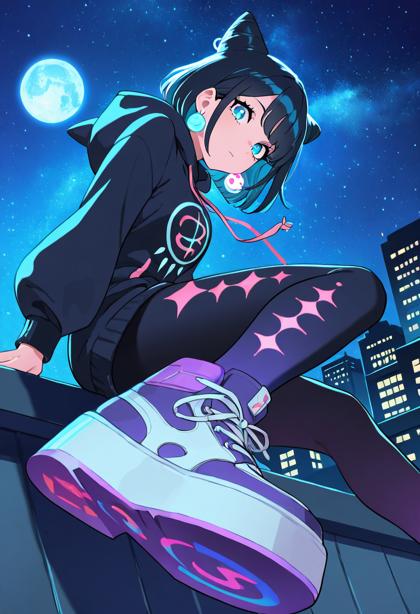 masterpiece, best quality, 1girl, solo, eyelashes, (beautiful eyes), dynamic pose, foreshortening,  [Celestial Streetwear], Oversized moon hoodie, starglyph tights, platform sneakers, alien earrings, Leaning on a rooftop at night, surrounded by cosmic city lights and a starry sky.