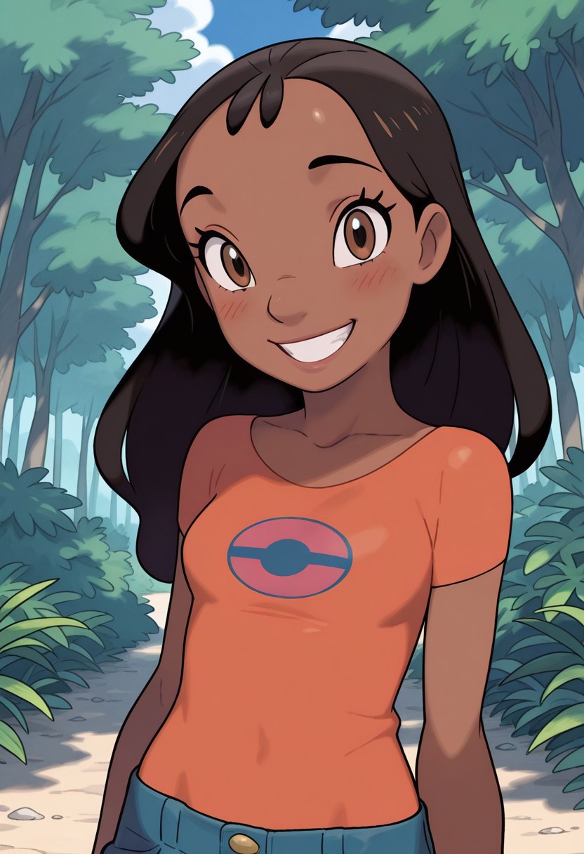 masterpiece, best quality, amazing quality, very aesthetic, absurdres,  newest, detailed background, cowboy shot, 4k, 8k, outdoors, sugimori, jaggy lines,
nanixd, 1girl, solo, smile, dark skin, black hair, dark-skinned female, shirt, long hair, grin, teeth, brown eyes, long eyelashes, blush, upper body mid, looking at viewer