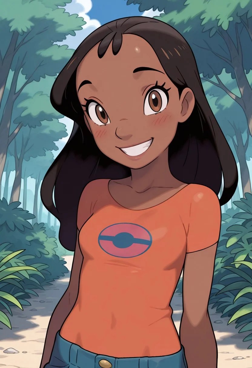 masterpiece, best quality, amazing quality, very aesthetic, absurdres, newest, detailed background, cowboy shot, 4k, 8k, outdoors, sugimori, jaggy lines,
nanixd, 1girl, solo, smile, dark skin, black hair, dark-skinned female, shirt, long hair, grin, teeth, brown eyes, long eyelashes, blush, upper body mid, looking at viewer