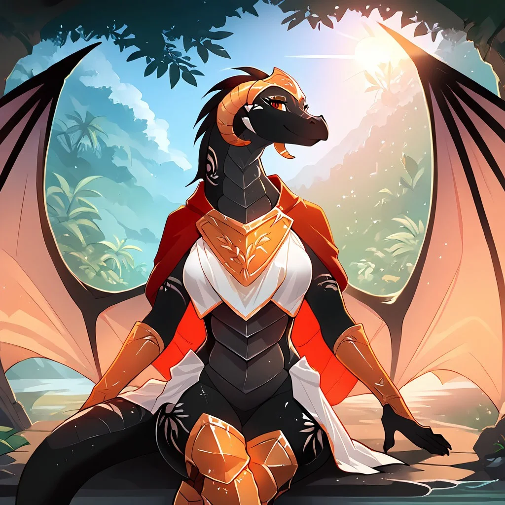 <lora:Reni-Twokinds-SDXL-AnonTK-V3:0.8>
score_9, score_8_up, score_7_up, source_furry, masterpiece, best quality, good quality, highly detailed body, absurdres, perfect body, perfect eyes, Expressiveh, detailed background, jungle, deep woods, rays of sun, 1 girl, solo female anthro dragon, perfect hands, reni-twokinds, (wet,) (wearing a fully covered knight suit complete with a silver knight body armor, silver knights breastplate, knight greaves, knight boots and a red cape. (dragon wings :1.2). wearing a knights helmet, fully covered body, wearing a breastplate, female breasts, tribal markings,
Her medium-length hair cascades down her back,
body is facing straight at the camera looking directly at the viewer, (center view), sitting_down, front body view, uncensored, smiling, soaking wet, close up full-body_portrait, medium anthro feet, legs_spread apart, crossed_legs_(sitting), crossed-legged in center of frame, visible crotch, crossed_feet. Feet resting over top of legs.