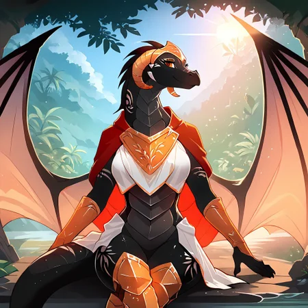 <lora:Reni-Twokinds-SDXL-AnonTK-V3:0.8>
score_9, score_8_up, score_7_up, source_furry, masterpiece, best quality, good quality, highly detailed body, absurdres, perfect body, perfect eyes, Expressiveh, detailed background, jungle, deep woods, rays of sun, 1 girl, solo female anthro dragon, perfect hands, reni-twokinds, (wet,) (wearing a fully covered knight suit complete with a silver knight body armor, silver knights breastplate, knight greaves, knight boots and a red cape. (dragon wings :1.2). wearing a knights helmet, fully covered body, wearing a breastplate, female breasts, tribal markings,
Her medium-length hair cascades down her back,
body is facing straight at the camera looking directly at the viewer, (center view), sitting_down, front body view, uncensored, smiling, soaking wet, close up full-body_portrait, medium anthro feet, legs_spread apart, crossed_legs_(sitting), crossed-legged in center of frame, visible crotch, crossed_feet. Feet resting over top of legs.