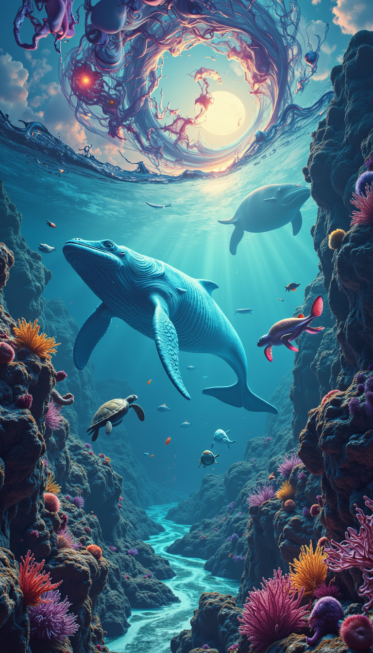 A breathtaking, surreal seascape depicting the "Dreams of the Ocean." Show a vast underwater realm where the dreams of sea creatures manifest as physical phenomena. Imagine sleeping whales projecting gigantic, shimmering thought bubbles containing abstract ocean memories. Coral reefs could be dreaming up new, impossible colors and shapes, actively evolving before our eyes. A group of dreaming sea turtles might be creating a swirling vortex of ancient maritime maps and long-lost ship artifacts. Include scenes of bioluminescent fish weaving their dreams into living light sculptures. The water itself should have a dreamy, ethereal quality, with currents visible as flowing streams of consciousness. Use a rich, deep-sea color palette punctuated by vivid bursts of dreamlike bioluminescence and the soft glow of moonlight filtering from above.