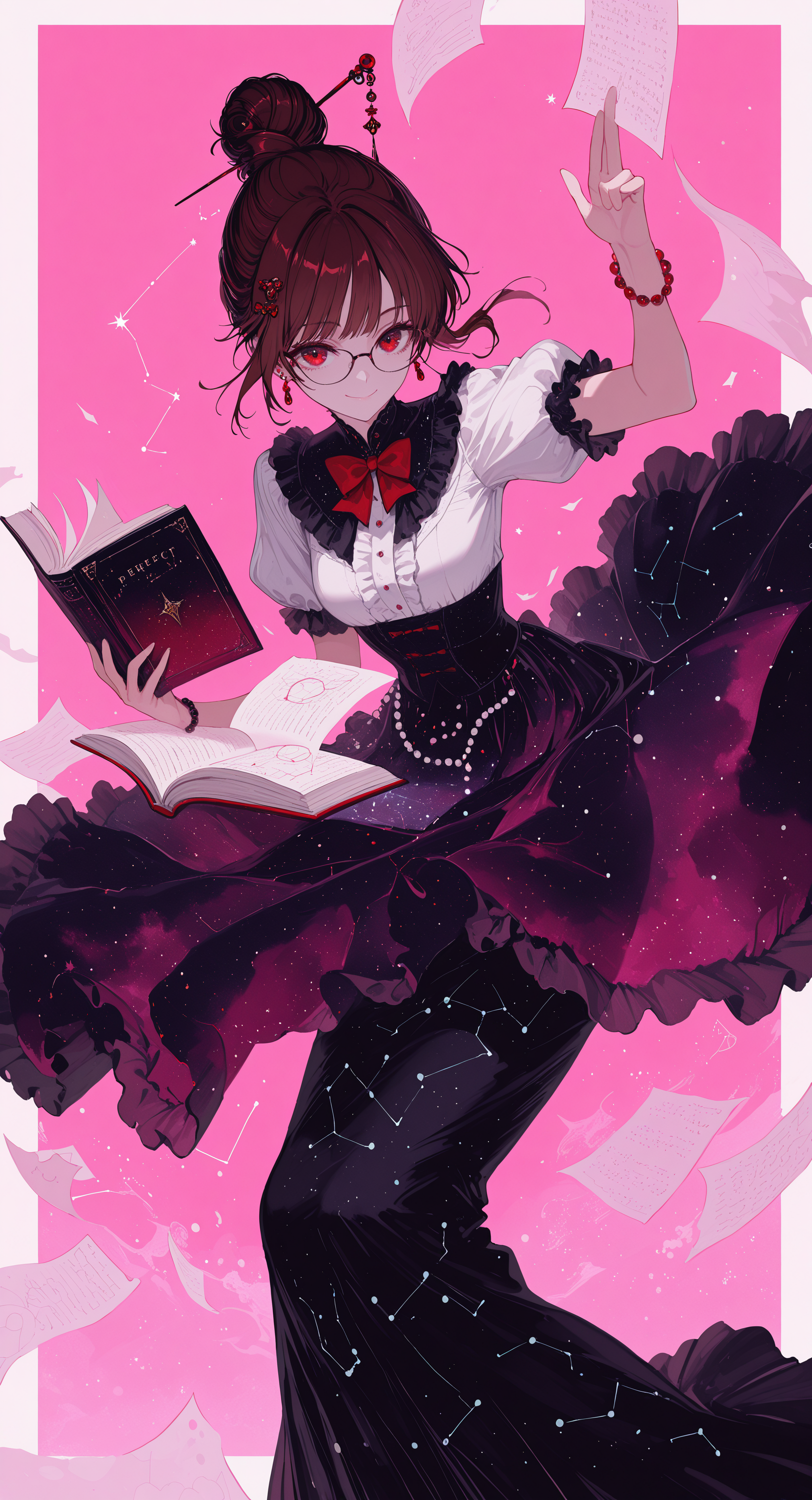 masterpiece, best quality, good quality, very awa, newest, highres, absurdres, 1girl, solo, looking at viewer, smile, shirt, skirt, brown hair, hair ornament, red eyes, holding, bow, closed mouth, white shirt, short sleeves, earrings, frills, glasses, puffy sleeves, bowtie, black skirt, hair bun, red bow, bracelet, puffy short sleeves, book, pink background, single hair bun, white border, red bowtie, holding book, beads, long skirt, paper, open book, hair stick, constellation, starry sky print, flying paper, limited palette, <lora:illustriousXL_stabilizer_v1.23:0.3> <lora:NOOB_vp1_detailer_by_volnovik_v1:0.3> <lora:ponyv6_noobE11_2_adamW-000017:0.3> <lora:114558v4df2fsdf5:0.6> <lora:XXX667:0.4> <lora:mon_monmon2133:0.5>