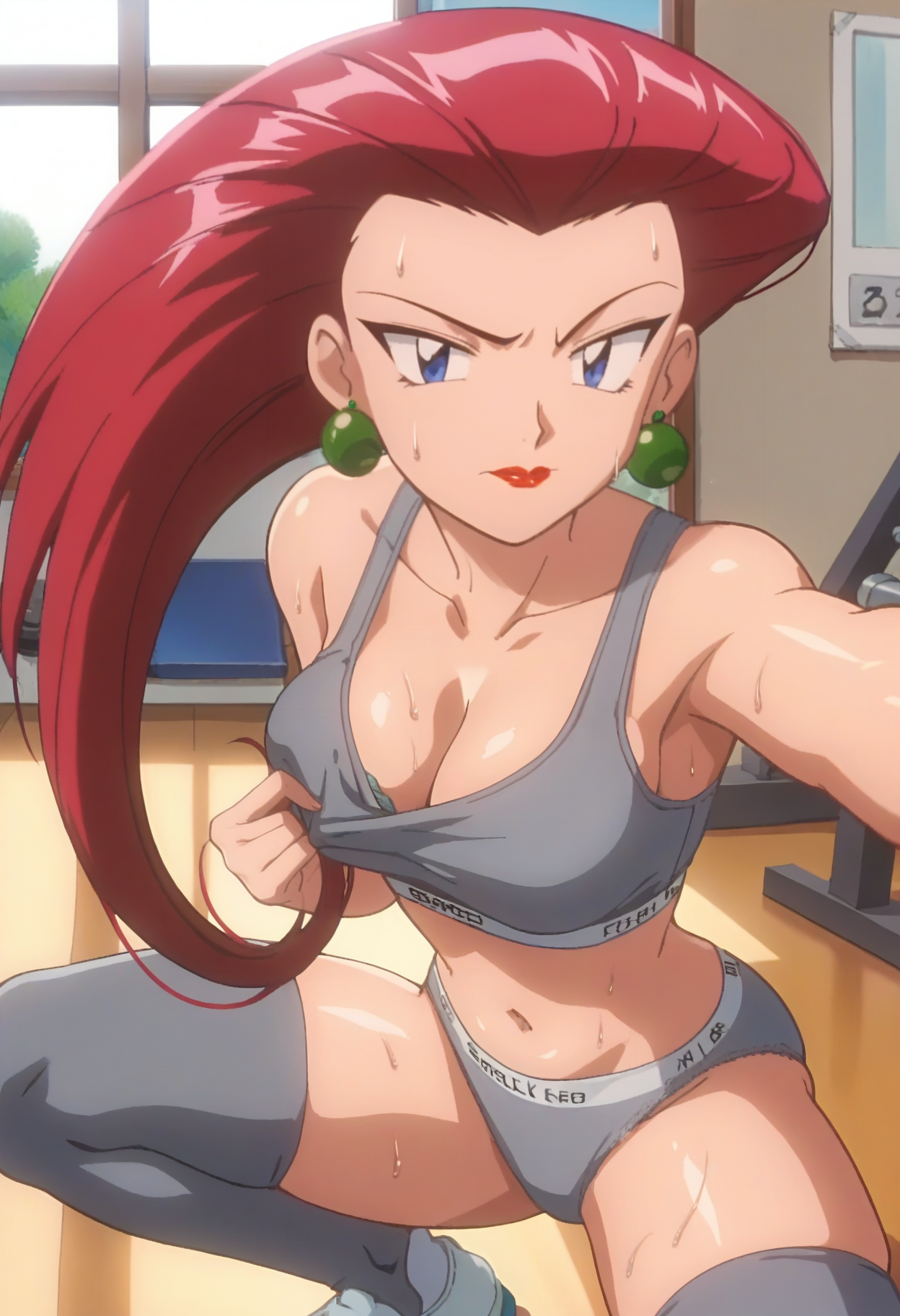 score_9, score_8_up, score_7_up, score_6_up, anime screencap, anime coloring, <lora:PMJessie_epoch_7:0.8>, PMJessie, red hair, long hair, earrings, blue eyes, red lips, breasts, 
<lora:CalvinKleinSF:0.6>,
CalvinKleinSF, calvin klein, grey thighhighs, sports bra, navel, panties, cleavage, midriff, grey panties, collarbone, bare shoulders, wedgie, grey bra, sweat, skindentation,
looking at viewer, closed mouth, selfie, adjusting bra, squatting,
BREAK gym, indoors, window, sunlight,