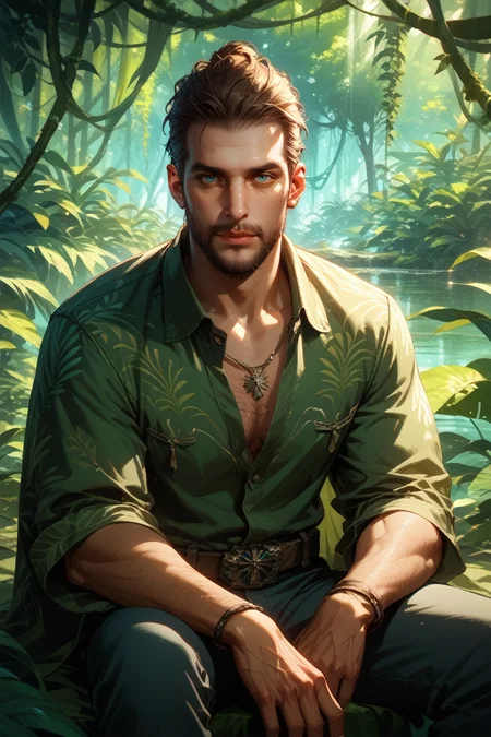 score_9, score_8_up, score_7_up,
<lora:FC5Joseph:0.8>
FC5Joseph, 1boy, brown hair, blue eyes, facial hair, looking at viewer, Rainforest canopy with sunbeams, vibrant and lush, sitting