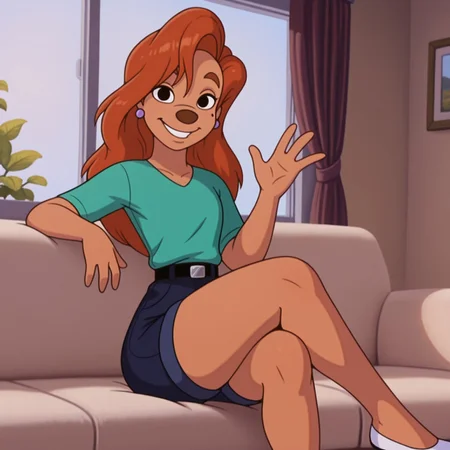 uncensored, masterpiece, best quality, highly detailed, realistic, 1girl, solo, RoxGM, female furry, anthro, canine, red hair, long hair, brown eyebrows, black eyes, brown nose, tan skin, mole, light-purple earring, (green shirt, black belt, silver buckle, blue jean shorts, white flats) smile, closed mouth, teeth, looking at viewer, sitting, living room, window, indoors, arm rest, (front view), detailed background, three-quarter portrait, (waving, 4 fingers, crossed legs), morning, flat chested