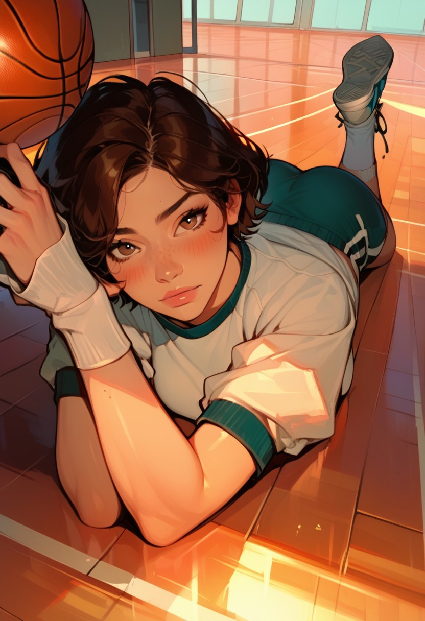 (score_9, score_8_up, score_7_up, score_6_up), dynamic angle, anime realism, UHD, beautiful, 8k, source_anime, (anime style:1.1), Semi-realism, 1girl, solo focus, disney princesses face, short hair, brown hair, brown eyes, medium breasts, on stomach, on basketball court , basketball hug, blush, gym uniform, (full body:1.2), socks, bottom up, innocent looks, freckles, full body dynamic angle,  sneakers, sneakers,
