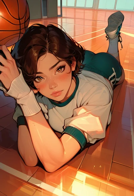(score_9, score_8_up, score_7_up, score_6_up), dynamic angle, anime realism, UHD, beautiful, 8k, source_anime, (anime style:1.1), Semi-realism, 1girl, solo focus, disney princesses face, short hair, brown hair, brown eyes, medium breasts, on stomach, on basketball court , basketball hug, blush, gym uniform, (full body:1.2), socks, bottom up, innocent looks, freckles, full body dynamic angle,  sneakers, sneakers,