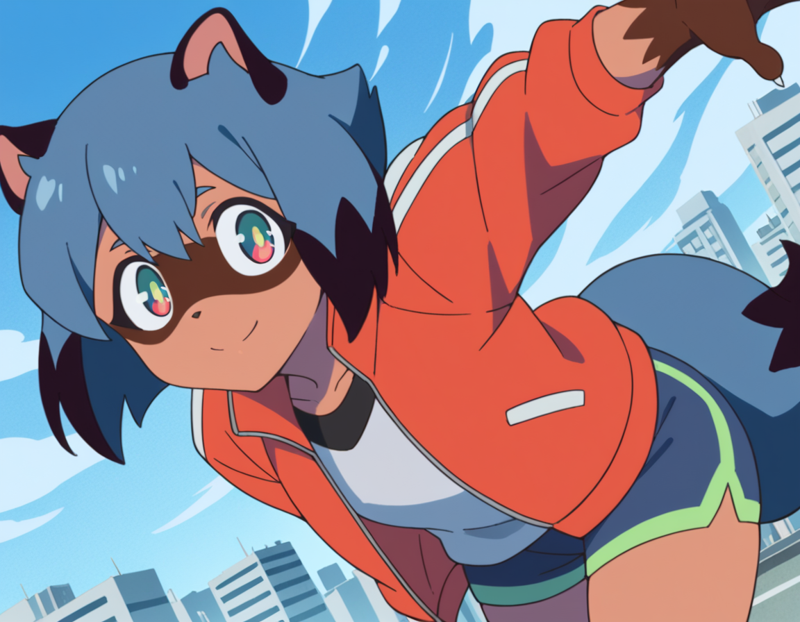 score_9, score_8_up, score_7_up, source_anime,
michirukagemori, <lora:michiru-kagemori-s1-ponyxl-lora-nochekaiser:1>,
michiru kagemori, short hair, black hair, animal ears, blue hair, multicolored hair, furry, furry female, raccoon ears, body fur, raccoon girl,  raccoon tail, tail,
shirt, jacket, white shirt, shorts, red jacket, blue shorts, track jacket,
outdoors, cityscape, bent over, smile,
solo, dutch angle, looking at viewer, cowboy shot,