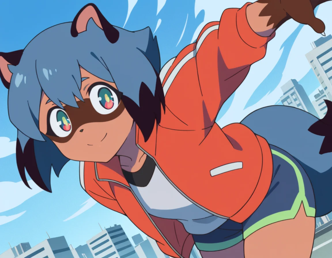 score_9, score_8_up, score_7_up, source_anime,
michirukagemori, <lora:michiru-kagemori-s1-ponyxl-lora-nochekaiser:1>,
michiru kagemori, short hair, black hair, animal ears, blue hair, multicolored hair, furry, furry female, raccoon ears, body fur, raccoon girl, raccoon tail, tail,
shirt, jacket, white shirt, shorts, red jacket, blue shorts, track jacket,
outdoors, cityscape, bent over, smile,
solo, dutch angle, looking at viewer, cowboy shot,