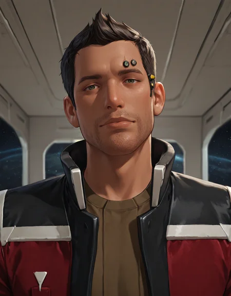 masterpiece, best quality, absurdres, newest, perfect quality, best quality, absolutely eye-catching, detailed background, intricate details, male focus, realistic, solo, <lora:SWTOR_-_Theron_Shan_-_Illustrious:0.8>,  theronshan, 1boy, mature male, olive eyes, very short hair, stubble, dark skin, cybernetic implant, red jacket, brown shirt, spacecraft interior, space, come hither, looking at viewer, head tilt, portrait