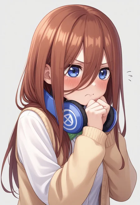 1girl, nakano miku, Go-Toubun no Hanayome, headphones around neck, puffing cheeks, angry expression, slightly blushing, embarrassed look, headphones, solo, pout, hair between eyes, cardigan, long hair, :t, brown hair, blush, shirt, white shirt, simple background, cardigan, drawn in pencil