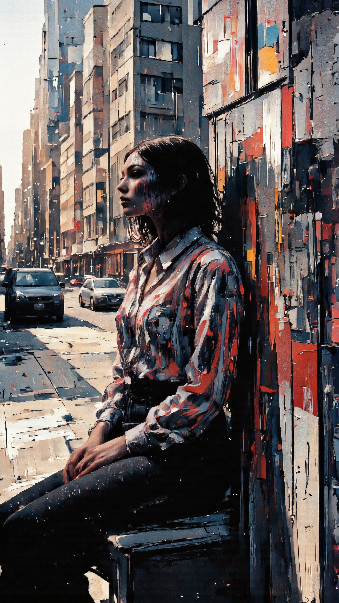 Semi-realistic woman, abstract urban, edge, distorted reflections. <lora:Cinna_Flow_Flux-000018:1.0> <lora:Digital_Impressionist_Flux:0.6> <lora:Modern_Abstract_Minimalist:1.0>