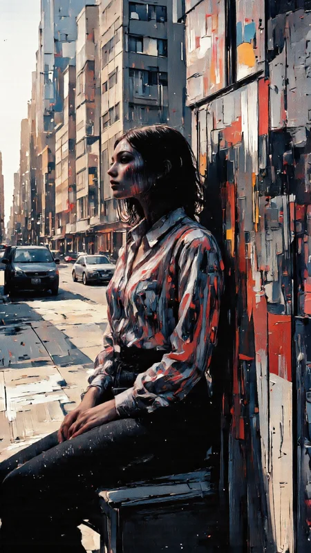 Semi-realistic woman, abstract urban, edge, distorted reflections. <lora:Cinna_Flow_Flux-000018:1.0> <lora:Digital_Impressionist_Flux:0.6> <lora:Modern_Abstract_Minimalist:1.0>