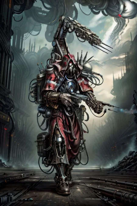 ((masterpiece,best quality)), absurdres, BREAK
mechanical arms, robes, hood, BREAK
((techpriest)), cyborg, mechanical face, mechanical limbs, gas mask, mechanical tentacles, (mechanical backpack), BREAK
1other, solo, holding pistol, firearm, handgun, pistol, gun, BREAK
factory background, smoggy sky, air pollution, smokestacks, BREAK
(NightmarishAI),