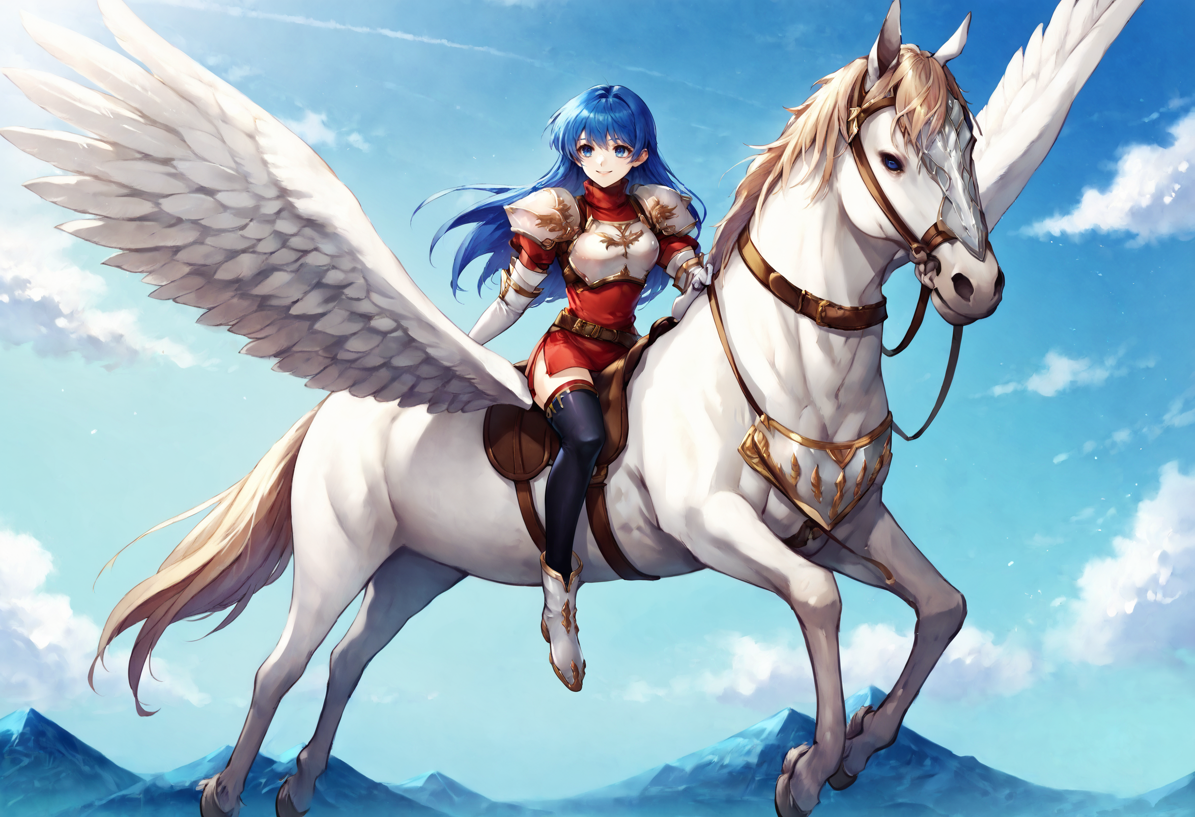 score_9,score_8_up,score_7_up,extreme detailed,full_body,zPDXL BREAK sky,flying,
<lora:Pony_DetailV2.0:1>,pegasus knight,horse,horseback riding,pegasus,<lora:pegasus knight:0.8>,caedadef,blue eyes,blue hair,long hair,bangs,turtleneck,red shirt,shoulder armor,pauldrons,breastplate,multiple belts,brown belt,white gloves,elbow gloves,red skirt,black thighhighs,white boots,<lora:caeda-fe-richy-v1_pdxl:1>,smile,
