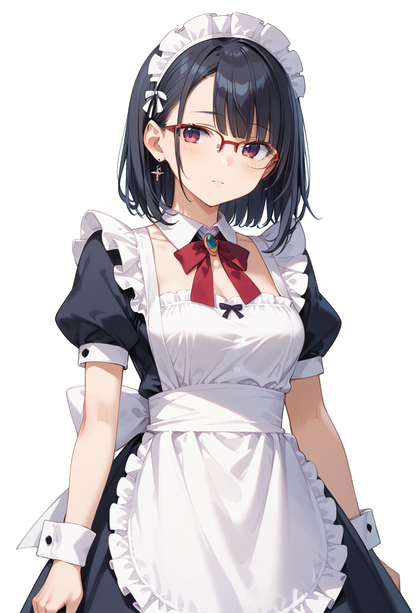 score_9, score_8_up, score_7_up, rating_safe, masterpiece, best quality, absurdres, unity 8k wallpaper, official art, official style, source_anime, uncensored, game cg, megami magazine,
1girl, solo, black hair, medium hair, upper body, covered eyes,maid, maid headdress, black dress, maid apron, face focus,
halfrim22A,  still life, white background, simple background, red-framed eyewear,
 <lora:glasses_halfrim22A_PONY_V1:1>