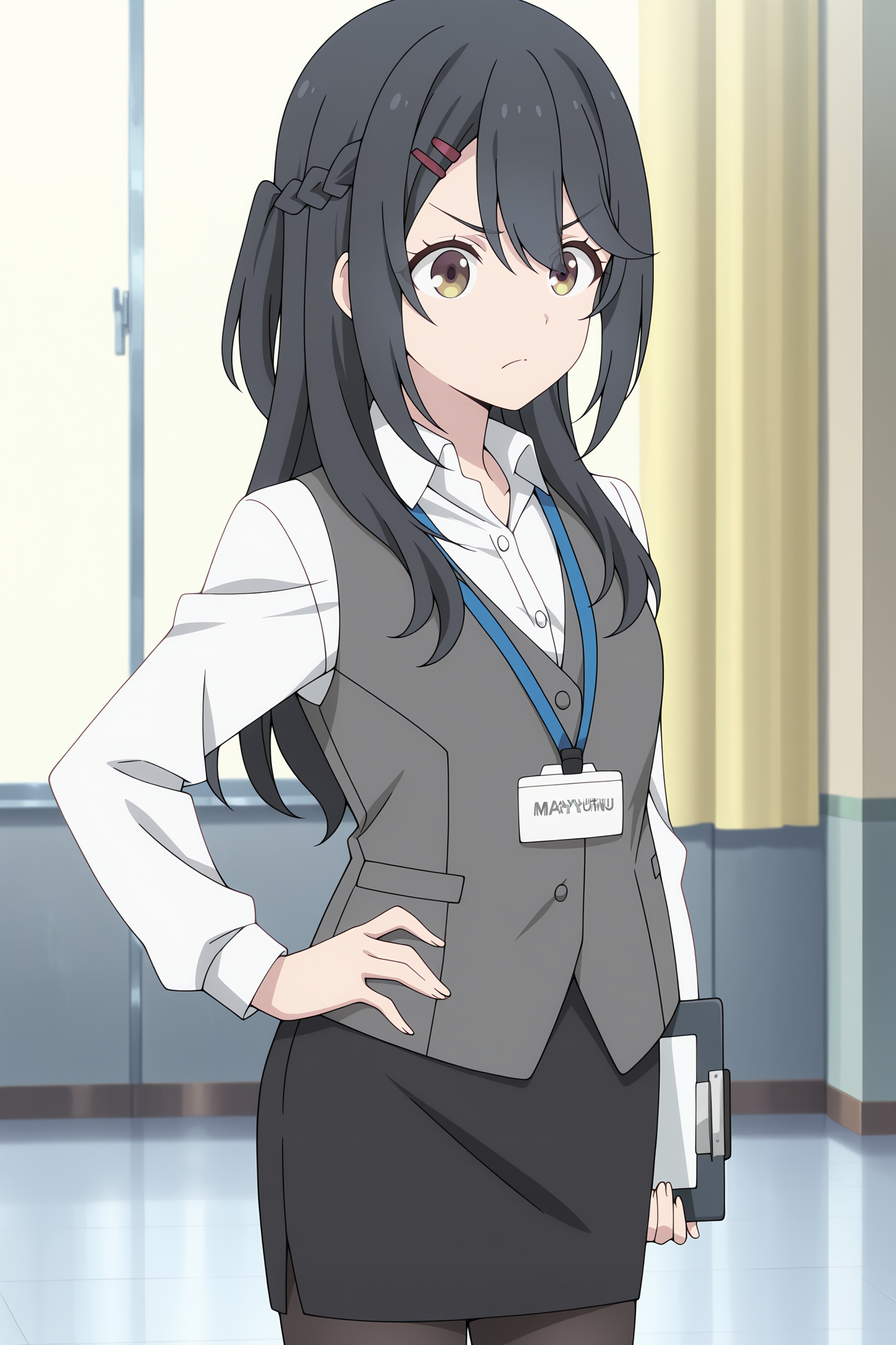 volumetric lighting, official style, amazing quality, ultra detailed, highres, detailed background, anime screenshot, anime screencap, anime coloring, masterpiece, detailed face,1girl <lora:Mayumi_Oota:0.9>Mayumi Oota, black pantyhose, black pencil skirt, hair ornament, black hair, french braid, grey vest, office lady, white collared shirt, hairclip, hand on hip, long hair, id card, solo, lanyard, brown and yellow eyes, closed mouth, long sleeves,  v-shaped eyebrows, holding clipboard