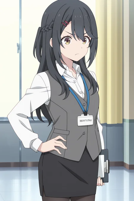 volumetric lighting, official style, amazing quality, ultra detailed, highres, detailed background, anime screenshot, anime screencap, anime coloring, masterpiece, detailed face,1girl <lora:Mayumi_Oota:0.9>Mayumi Oota, black pantyhose, black pencil skirt, hair ornament, black hair, french braid, grey vest, office lady, white collared shirt, hairclip, hand on hip, long hair, id card, solo, lanyard, brown and yellow eyes, closed mouth, long sleeves,  v-shaped eyebrows, holding clipboard