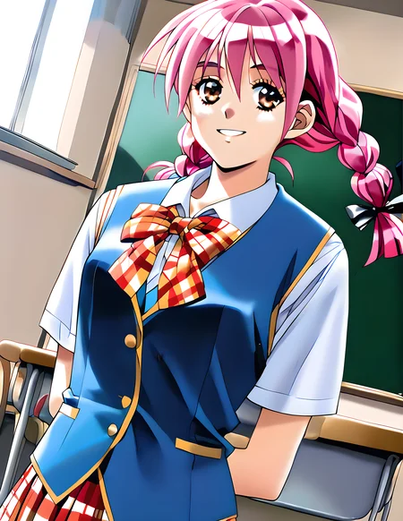 <lora:pony_xl_minori>,minori,score_9,score_8_up,score_7_up,source_anime,1girl,looking_at_viewer,school uniform,blue vest,collared_shirt,bow,pleated skirt,plaid skirt,short hair,twin braids,smile,classroom,cowboy_shot,front view,standing,arms_behind_back,