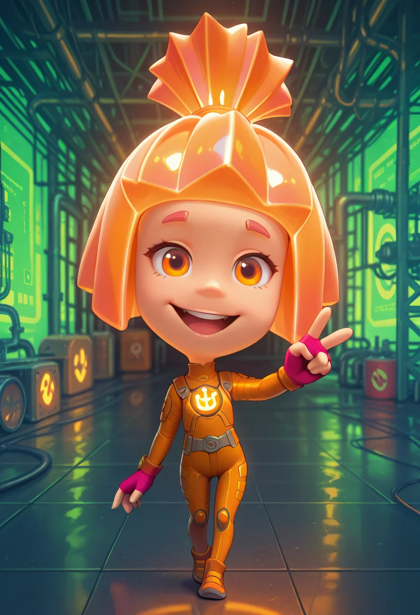 Graphic Design, color art, vibrant colors, colorful, intricate details, high contrast, detailed background, beautiful detailed, beautiful face, detailed eyes, detailed face, new, newest, 1girl, solo, s1mk4, orange hair, topknot, bob cut, orange eyes, bodysuit, fingerless glowes, orange bodysuit, happy, smile, open mouth, v sign, factory, chibi, (masterpiece, best quality, newest, recent, absurdres),