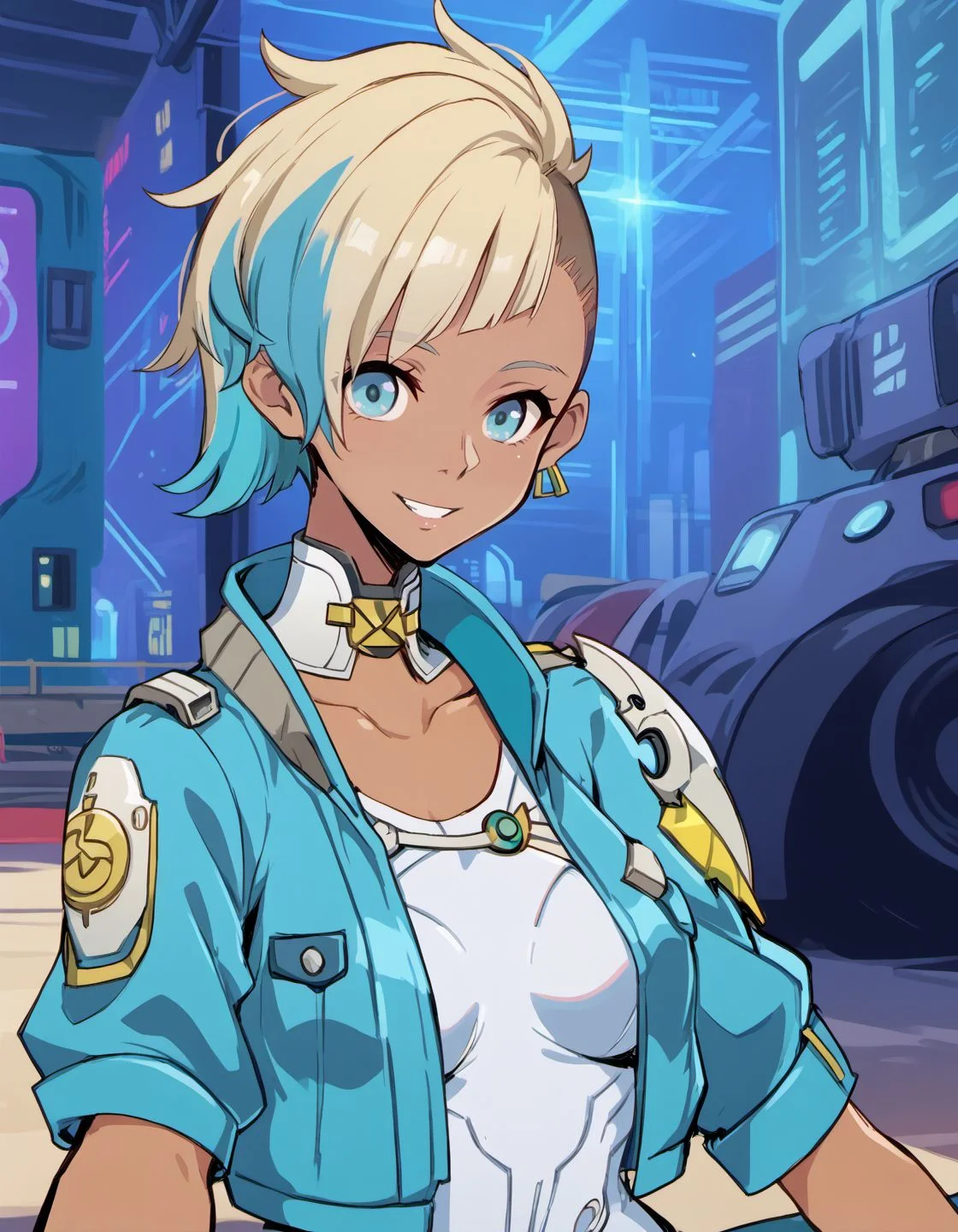 score_9, score_8_up, score_7_up, hadrian,
<lora:Valbyxl:0.8> Valbyxl, teal cropped jacket,white bodysuit,short hair,brown hair,smile, smile,looking at viewer,
<lora:peppermint:0.7> peppermint, dark skin, pixie cut, dark-skinned female, blonde hair, blue eyes, multi colored hair, blue hair, side buzz cut,
<lora:owstylenewv5v3:0.5>,
<lora:Unlight:0.5> Unlight,
<lora:Pony_DetailV1.0:1.5>