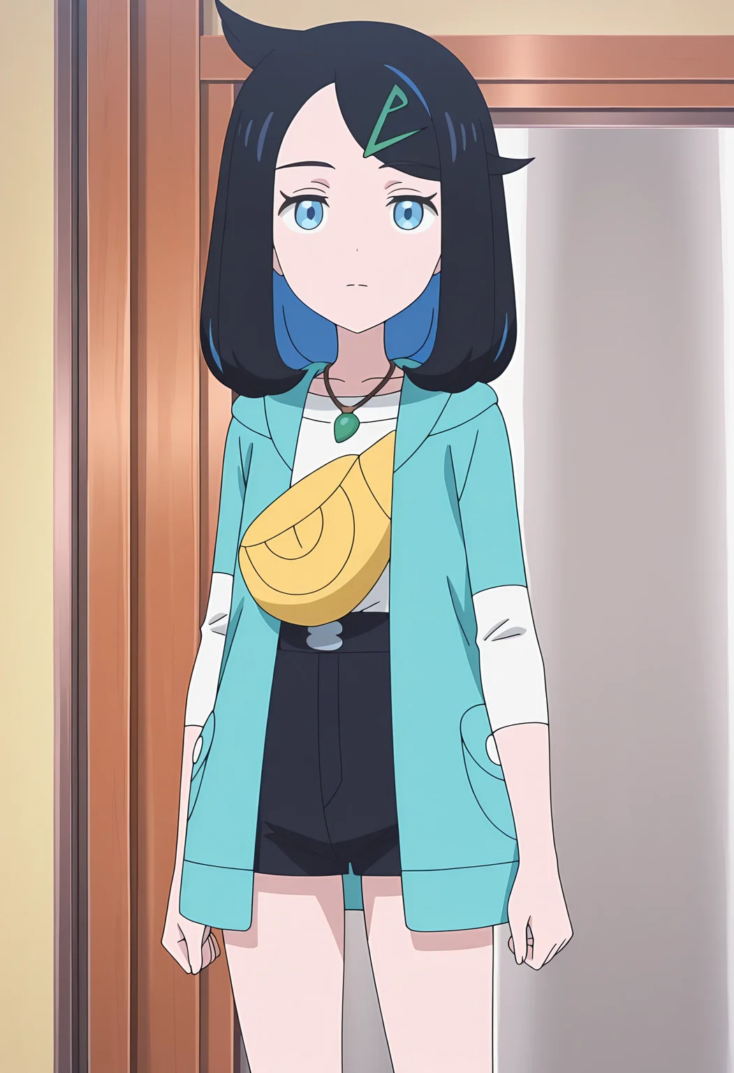 masterpiece, best quality, high resolution, source_anime, highly detailed illustration, detailed eyes, very aesthetic, absurdres, newest, amazing quality,
1girl, solo, anime screencap, anime coloring,
<lora:shiLikoV1ill:1>, shilikodef, bangs, blue eyes, black hair, multicolored hair, eyelashes, cowlick, hairclip, medium hair,
necklace, jewelry, hair ornament, sleeves past elbows, long sleeves,
white shirt, open jacket, blue jacket, open coat, hooded jacket, green coat, yellow bag,
blue shorts, black shorts, belt,
looking at viewer, expressionless, staring, half-closed eyes,