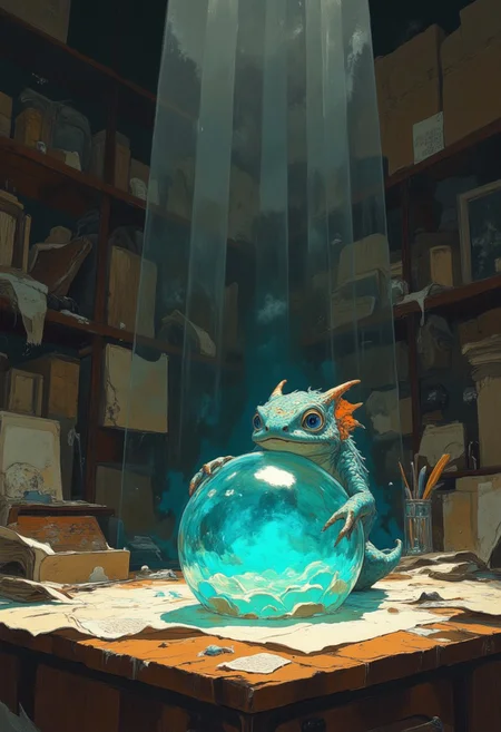 A small baby dragon perched delicately atop a glowing blue crystal ball in darkness of room, its tiny claws gripping the orb as soft light emanates from within, casting ethereal reflections across the desk. The dragon's scales shimmer in shades of iridescent emerald and sapphire, glinting faintly in the dim, shadowed room. Its curious eyes glow with a gentle golden hue, watching the beams of sunlight streaming through the nearby window, which cut through the dusty air like radiant spears. The desk is cluttered with ancient scrolls, weathered books, and a quill resting in an inkwell, adding a sense of mystique and age. The warm sunlight softly illuminates the scene, contrasting with the dark, cozy room and enhancing the enchanting glow of the crystal ball, creating a magical, dreamlike ambiance. DB4RZ style painting.