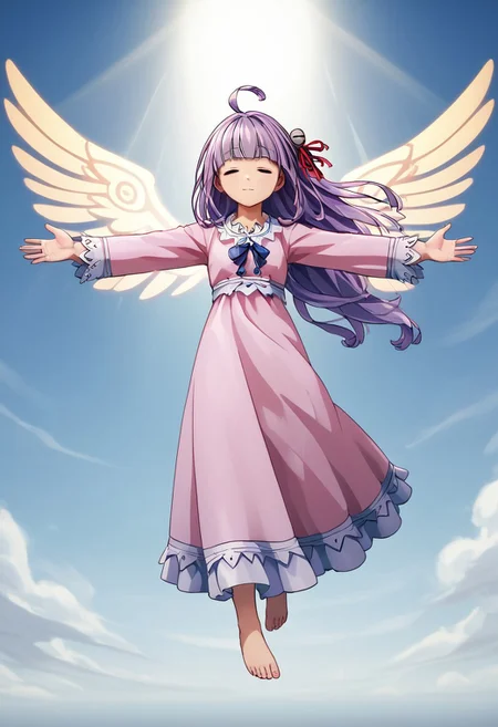 score_4,score_5,score_6,score_7_up,score_8_up,score_9
((masterpiece,best quality,ultra detailed,highres,HD,4k:1.2)),
1girl, solo,girl forcus,
Mytyl(V2),long hair,purple hair, multicolored hair,ahoge, blunt bangs, side locks,red eyes, bell hair ornament, hair ribbon, red hair ribbon,
pink and white dress,Dress pajamas,bare foot,blue ribbon on clothes, flill,
Wings, holographic wings, big wings, arms outstretched, sleeping, singing, eyes closed,a sacred place,
a sacred space,Floating in the air,