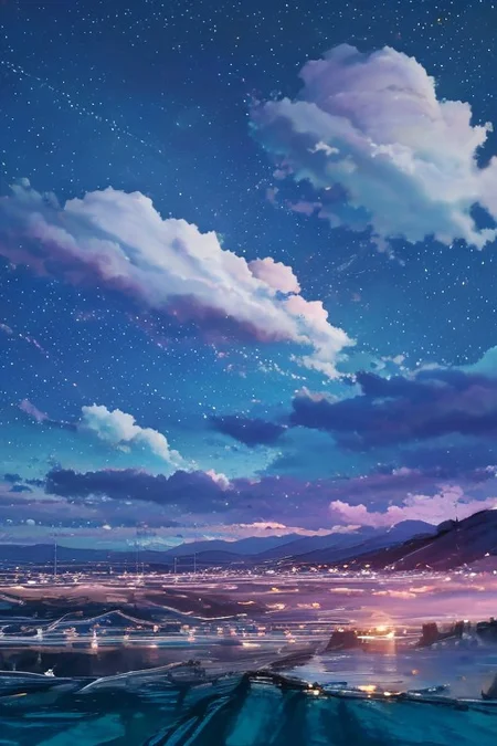 (masterpiece, best quality:1.4), high res, dramatic, scerery, large area sky, starfall, night, sky, stars, <lora:conceptBetterSky_sky:0.7>, puffy clouds, water surface, 3DMM mountain,  <lora:Detailed_Places_R-128_v1:0.7>