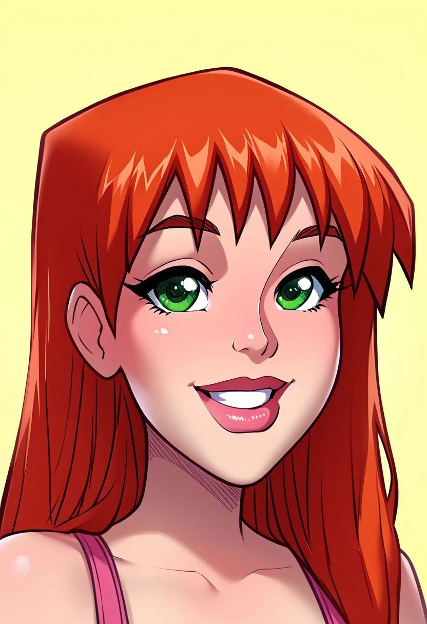score_9, score_8, score_8_up, score_7_up, score_6_up, score_4_up (Ultra detailed portrait of a happy laughing Mary Jane Watson), (melkormancin-dh), (thin lips), (perfect teeth), (detailed symmetric eyes), (head and shoulders portrait of a Mary Jane, Marvel, green eyes, orange hair), (Jabstyle), (juliah, red hair, thin lips, long hair, green eyes), (masterpiece), (hyperdetailed portrait), (perfectly proportional face, intricately designed thin lips, ultra detailed face, cute eyes), (1girl, cute face, ultra detailed, beautiful eyes), (highest quality, high definition, ultra high-res), (best quality, highres), 2D, source_cartoon