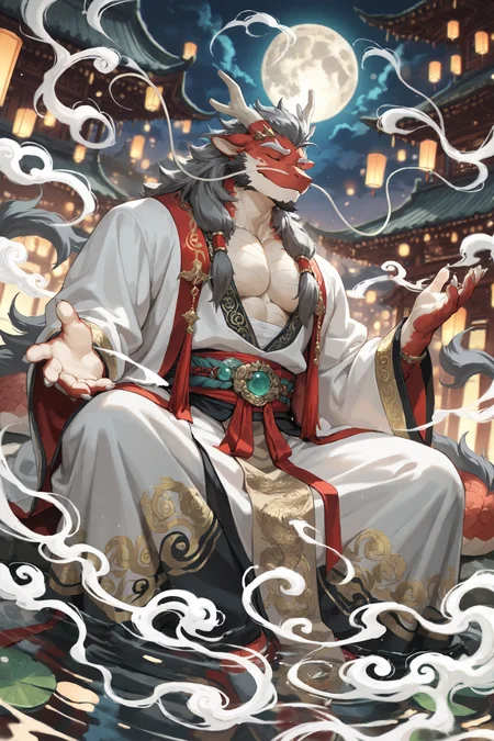 perfect anatomy,male_focus,(furry:1.2),(bara:1.3),anthro,kemono,muscular,5 fingers,
(eastern dragon anthro:1.1),red scales,detailed scales,white belly scales,(big pecs:1.2),abs,large pectorals,Fat wraps around muscle,bare chest,broad shoulders,dragon horns,dragon tail,grey mane,traditional chinese hanfu,silk white inner robes,deep red outer robes,flowing robes,jade belt,cloud pattern embroidery,intricate embroidery,grey hair,long floating whiskers,goatee,facial hair,calm expression,dignified,immortal,ancient aura,
masterpiece,best quality,newest,ultra-detailed,absurdres,very awa,amazing quality,very aesthetic,
chinese style,(fantasy:1.2),chinese courtyard,ancient chinese architecture,(water garden:1.1),pavilion,koi pond,ancient scrolls,water ripples,sitting in meditation,graceful pose,eyes closed,evening scene,full moon,misty atmosphere,distant mountain peaks,soft lighting,ambient lighting,moonlight,water mist,stone path,ornate carvings,smoke wisps,dynamic angle,low angle,depth of field,bokeh,atmospheric perspective,tranquil,
delicate texture,chromatic aberration,blurry,detailed background,