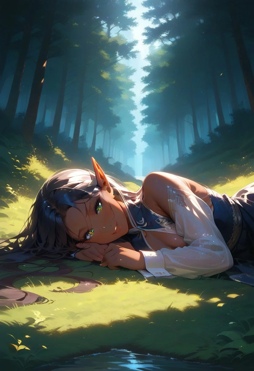 score_9, score_8_up, score_7_up, score_6_up, source_anime, atmospheric, detailed, intricate, atmospheric, masterpiece, perfect, (intricate:1.3), ((detailed)), ((sensual lighting)), wide pov, concept art, daylight, stark shadows, 1girl, (((Dark elf))), laying on the ground, side view, full body, (outdoors), ((laying down))