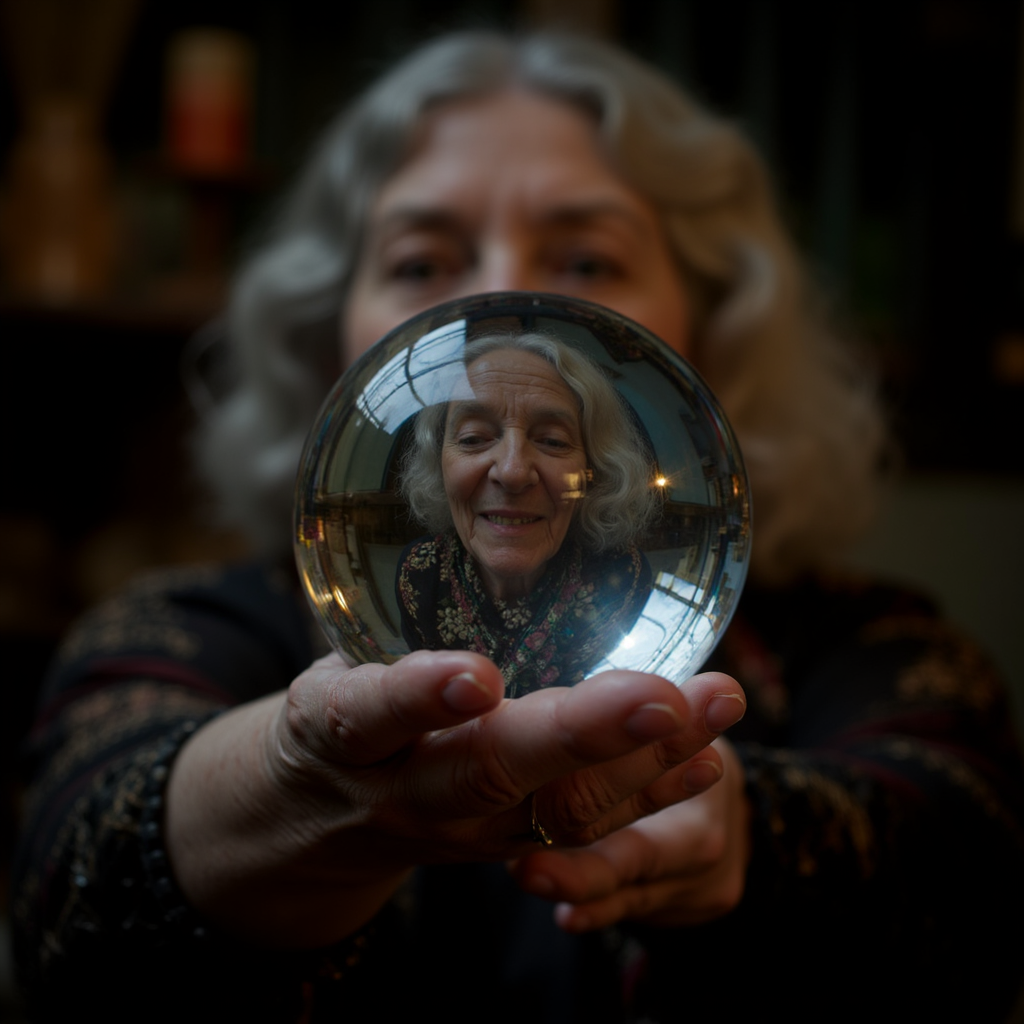 Photography close-up of a glass ball being held in an elderly woman's hand. The ball fills the entire frame. In the glass ball, there is a very distorted image of an elderly fortune teller woman. Dark room with occult decoration. Very blurry background, depth of field, bokeh <lora:refraction-000111:1>