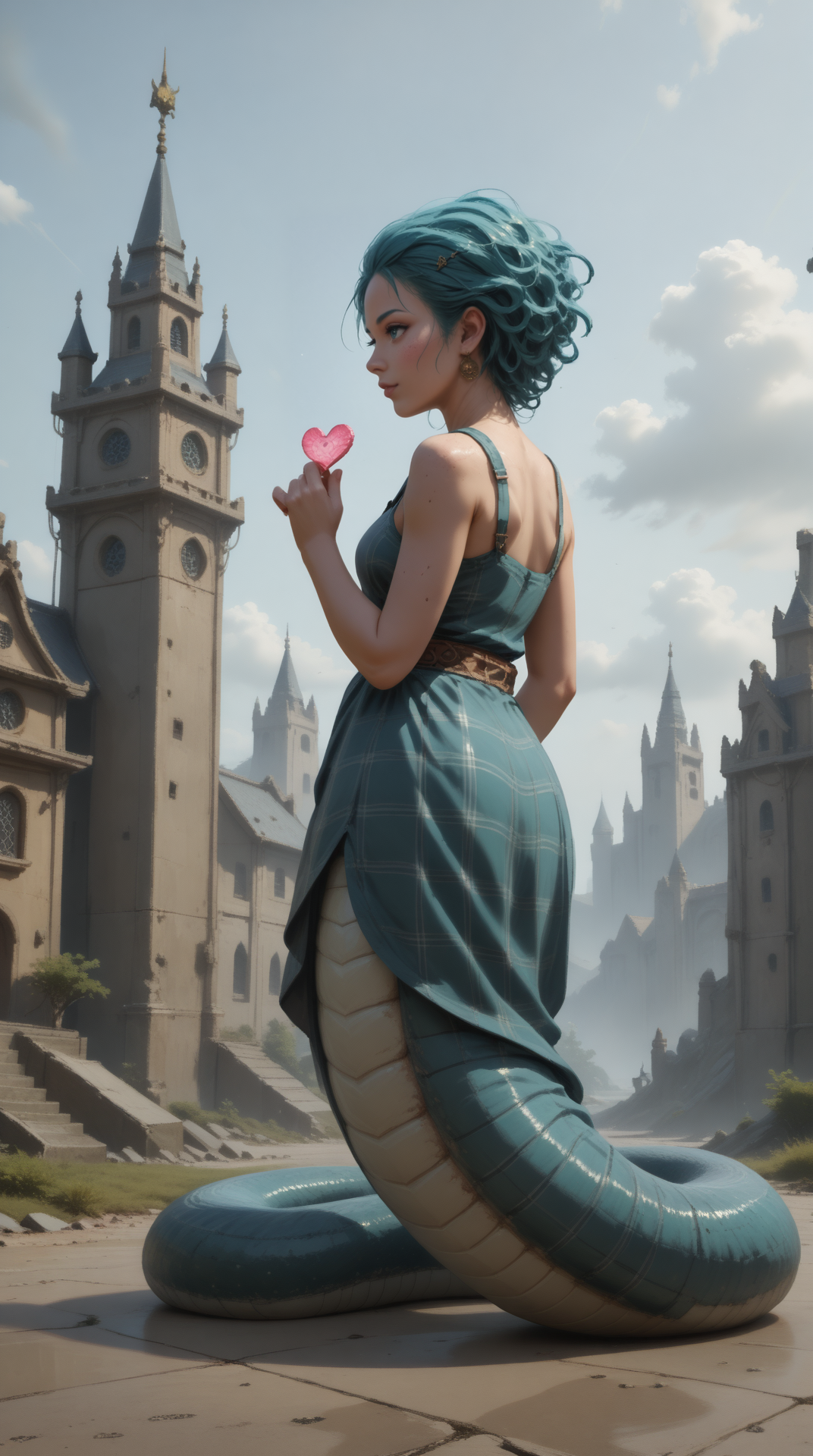 score_9, score_8_up, score_7_up, score_6_up, score_5_up, <lora:NagaPDXL_V2:0.8> naga, 1girl, pained, Hand on Heart, Tartan dress, Sky blue flip hairstyle, Bronze skin, from side, in location castle, best quality, masterpiece
<lora:dmd2_sdxl_4step_lora:0.7>
