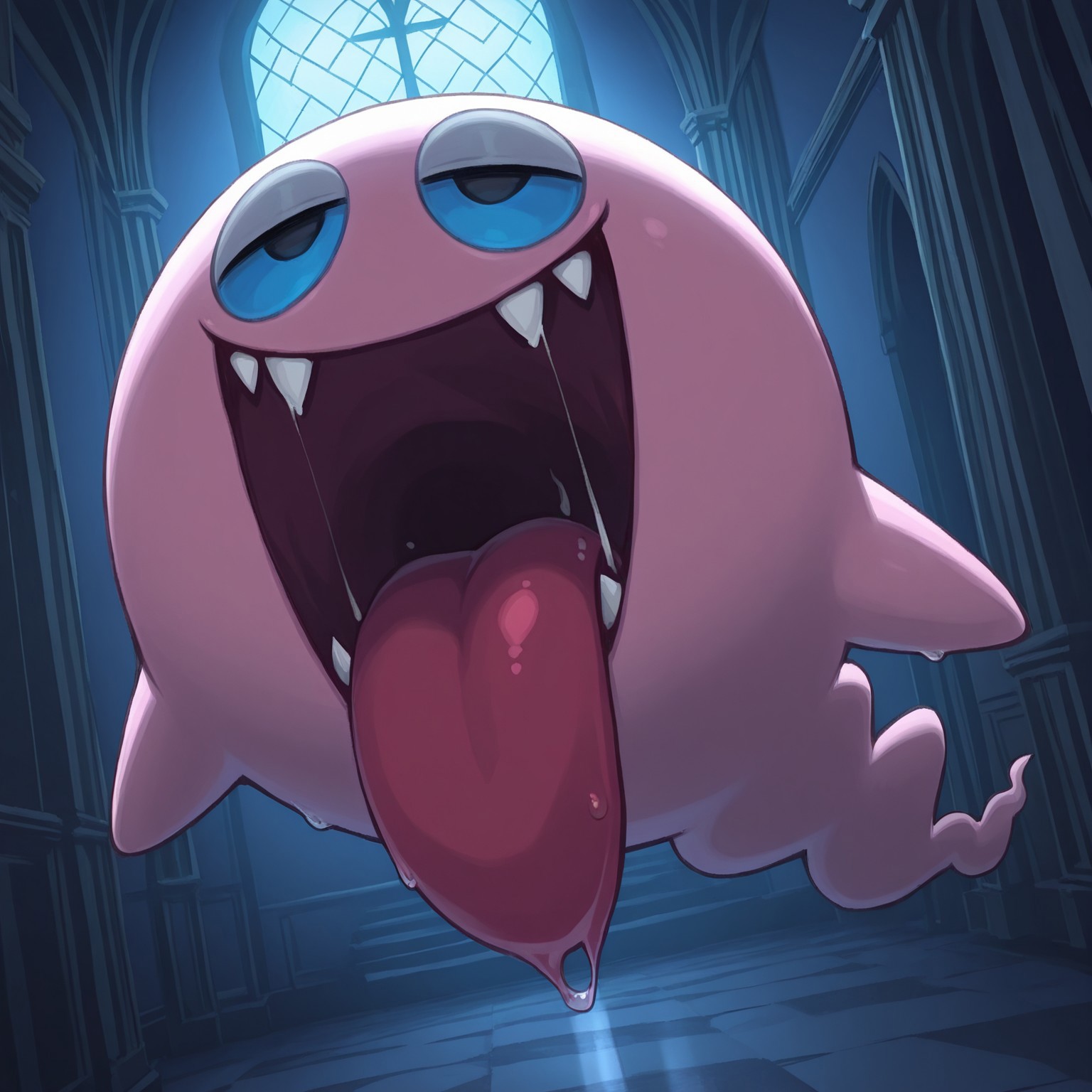 Sleepyboo, solo, feral, ghost, blue sclera, black eyes, half closed eyes, pink skin, open mouth smile, tongue out, big tongue, fangs, saliva, legless, featureless hands, ball ghost, sfw, 

BREAK hovering, haunted mansion, dark environment, windows, moonlight, facing viewer, looking at viewer, 

BREAK best quality, amazing quality, very aesthetic, absurdres, newest, masterpiece, high quality, highres 