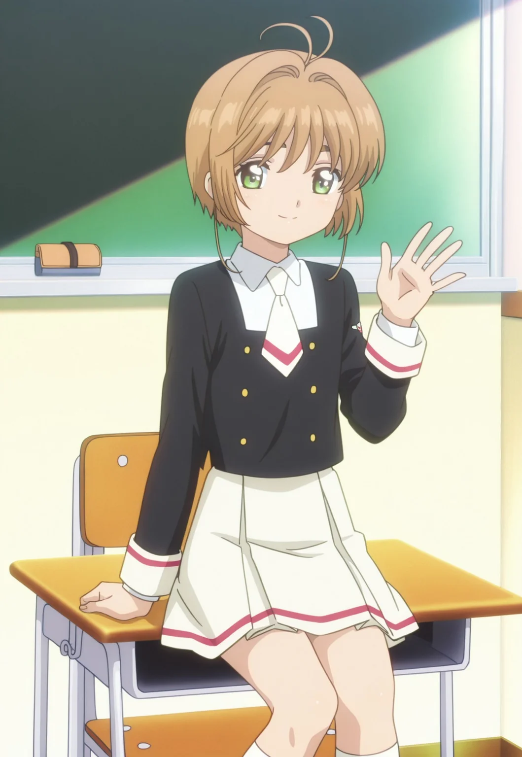 masterpiece, absurdres, highres, (anime screencap:2, anime coloring:2), official art, accurate art style, very aesthetic, flat colors, official screencap, style parody, proper proportions, CCS_Character-Pack, CCS_Clear Card, BREAK, 1girl, sakura kinomoto, brown hair, short hair, bangs, antenna hair, hair intakes, green eyes, school uniform, black jacket, short necktie, white necktie, white shirt, collared shirt, long sleeves, miniskirt, white skirt, pleated skirt, white socks, black footwear, sitting on a chair, waving, one hand on desk, smiling, BREAK, 1boy, syaoran li, brown hair, short hair, bangs, thick eyebrows, yellowish brown eyes, school uniform, standing, smiling, BREAK, hetero, couple, BREAK, detailed background, indoors, classroom, BREAK, cowboy shot, BREAK, vibrant colors, bloom, vignette, cinematic lighting, 75% soft lighting, 25% dark lighting
