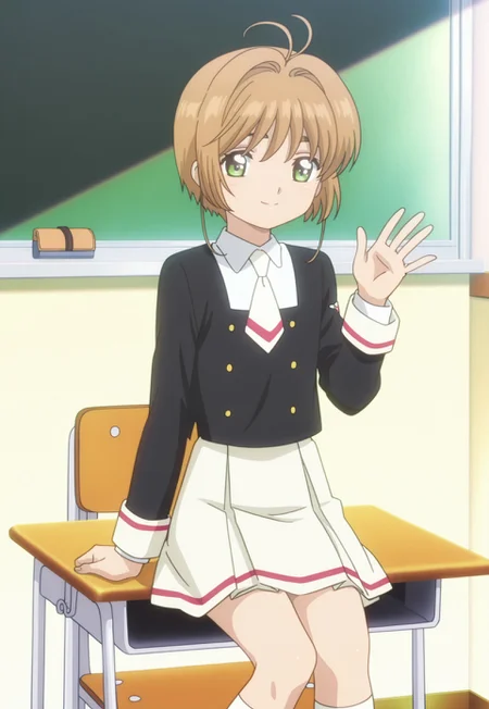masterpiece, absurdres, highres, (anime screencap:2, anime coloring:2), official art, accurate art style, very aesthetic, flat colors, official screencap, style parody, proper proportions, CCS_Character-Pack, CCS_Clear Card, BREAK, 1girl, sakura kinomoto, brown hair, short hair, bangs, antenna hair, hair intakes, green eyes, school uniform, black jacket, short necktie, white necktie, white shirt, collared shirt, long sleeves, miniskirt, white skirt, pleated skirt, white socks, black footwear, sitting on a chair, waving, one hand on desk, smiling, BREAK, 1boy, syaoran li, brown hair, short hair, bangs, thick eyebrows, yellowish brown eyes, school uniform, standing, smiling, BREAK, hetero, couple, BREAK, detailed background, indoors, classroom, BREAK, cowboy shot, BREAK, vibrant colors, bloom, vignette, cinematic lighting, 75% soft lighting, 25% dark lighting