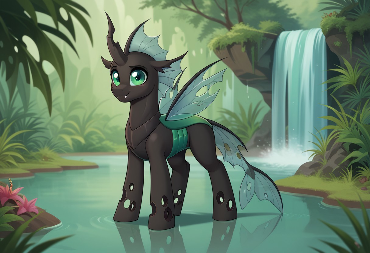 score_9, score_8_up, score_7_up, score_6_up,
Solo, feral, (my little pony, changeling, dark skin, green eyes, cute, femboy, 1male, solo, bald, changeling horn, head fin,), drinking from the lake of a waterfall jungle