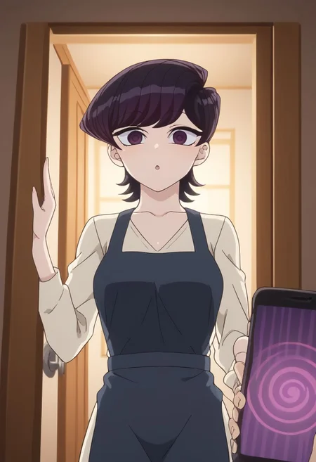 score_9, score_8_up, score_7_up, score_6_up, source_anime, masterpiece, best quality, ultra-detailed, highres, absurdres, cinematic lighting,
1girl, Shuuko Komi,
doorway, front door, answering door, hand on door, opening door,
looking at viewer,
1boy, mind control, hypnosis, smartphone, pov holding phone,
female focus, 3/4 angle view, three quarter view, from below, ,shuuko komi, shuuko komi, short hair, black hair, black eyes, wearing her apron