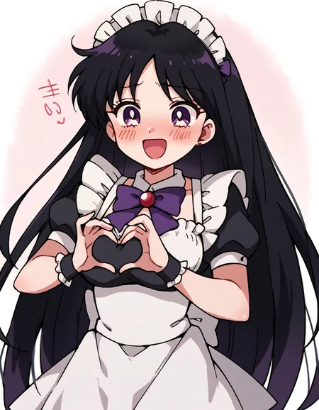 score_9, score_8_up, score_7_up, source_anime, <lora:rei-hino-s3-ponyxl-lora-nochekaiser:1>, rei hino, black hair, diadem, long hair, purple eyes, parted bangs,, <lora:moe-moe-kyun-ponyxl-lora-nochekaiser:1> heart-shaped boob challenge, moe moe kyun! heart hands, enmaided, maid, maid headdress, apron, maid apron, ,, open mouth, blush, embarrassed, clsoed eyes, smile,, cowboy shot