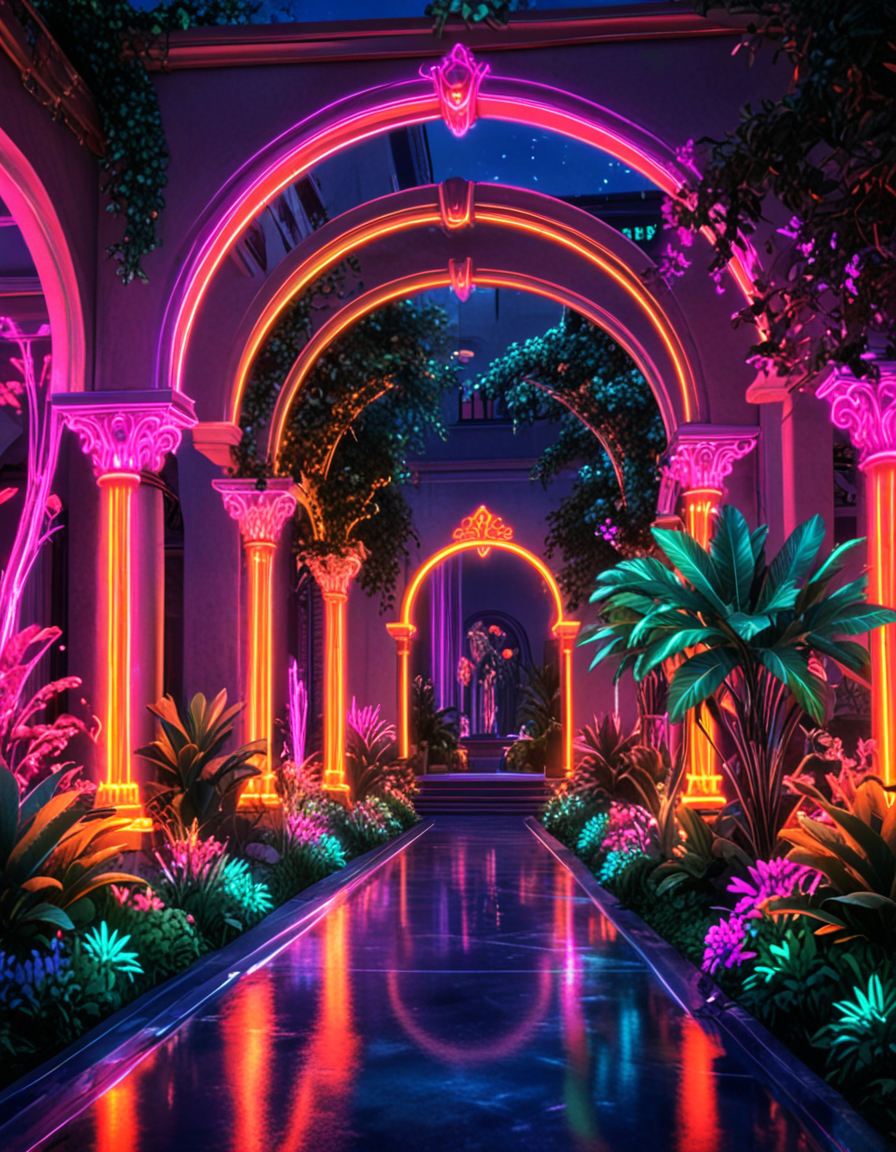 novuschroma70 style neon palace courtyard with lush gardens, sparkling fountains, elegant archways   <lora:novuschroma70 style:1> <lora:sdxl_lightning_8step_lora:1>