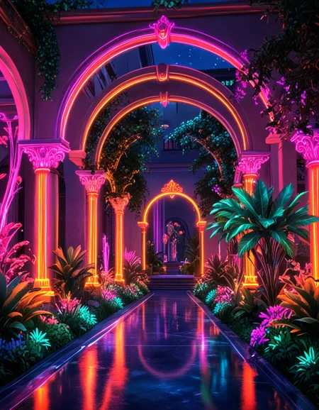 novuschroma70 style neon palace courtyard with lush gardens, sparkling fountains, elegant archways <lora:novuschroma70 style:1> <lora:sdxl_lightning_8step_lora:1>