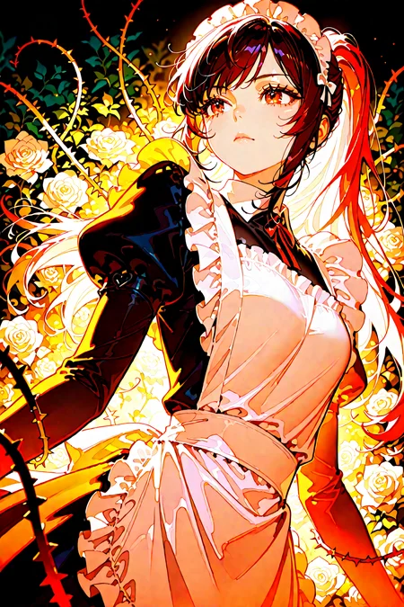 score_9, score_8_up, score_7_up, 1girl, cinematic angle, maid, shiny lips, closed mouth, white rose, abstract, Roses, ivy, thorns, Depth of field, 4k wallpaper, atmospheric perspective, cinematic shadows, vibrant, chiaroscuro, lens flare, [(simple background:1.2)::0.2], (garden background:1.2), masterpiece, best quality, amazing quality, very aesthetic, absurdres, highres, newest, intricate details, high contrast, brilliant skin, shiny skin, <lora:ponyv4_noob1_2_adamW:1.0> <lora:enhancerV4-pony:1> <lora:illustrious_noobai_epsilon_pred_1_best_quality_v1:1> <lora:illustrious_noobai_epsilon_pred_1_masterpieces_v1:1>