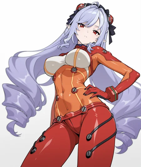 official art, absurdres, highres, anime coloring, hi res, best quality, masterpiece, 2d, intricate details, 4k,
1girl, solo, bangs, long hair, pointy ears, red eyes, very long hair, large breasts, purple hair, hair bow, mole, mole under eye, ahoge, white hair, multicolored hair, black headwear, black bow, slit pupils, black nails,
hair ornament, bodysuit, multicolored clothes, pilot suit, plugsuit, red bodysuit, interface headset, hairpods, orange bodysuit, multicolored bodysuit, test plugsuit, souryuu asuka langley \(cosplay\), neon genesis evangelion,
cowboy shot,
depth of field, white background, gradient background, <lora:Vivian_ILXL:1>, vivian \(zenless zone zero\), zenless zone zero,