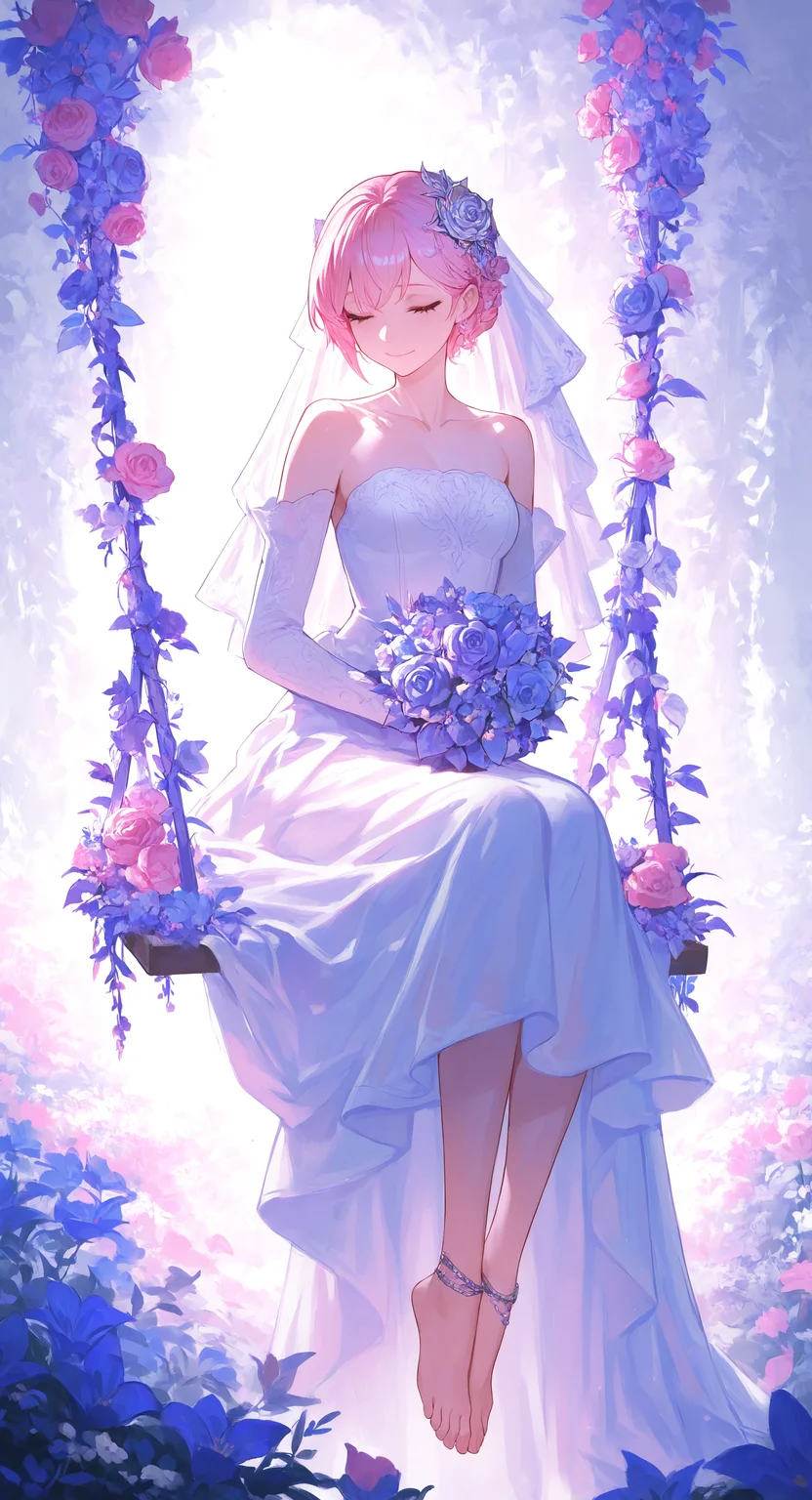 masterpiece, best quality, good quality, very awa, very aesthetic, absurdres, newest, 1girl, solo, smile, short_hair, hair_ornament, dress, closed_mouth, jewelry, sitting, collarbone, full_body, closed_eyes, flower, detached_sleeves, barefoot, hair_flower, white_dress, feet, eyelashes, toes, rose, white_flower, sunlight, plant, veil, pink_flower, white_sleeves, blue_flower, purple_flower, bouquet, long_dress, wedding_dress, anklet, bridal_veil, white_rose, pink_rose, purple_theme, bride, crossed_ankles, swing <lora:ponyv4_noob1_2_adamW-000017:0.7> <lora:USNR_STYLE_XL_lokr:0.45> <lora:EtherSDXL:0.15>